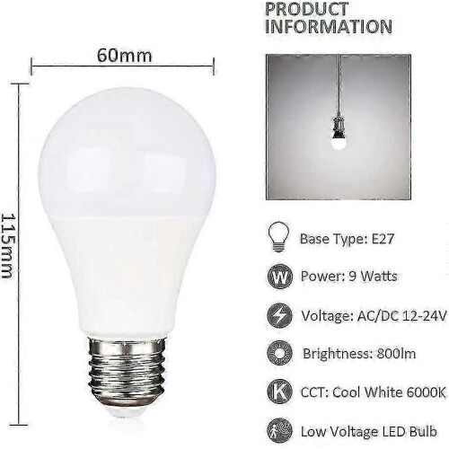 12V E27 9W Ψυχρό Λευκό 6000K Ισοδύναμο Αλογόνου 75W, AC DC 12 Volt 24 Volt E27 LED Συσκευασία 4 1