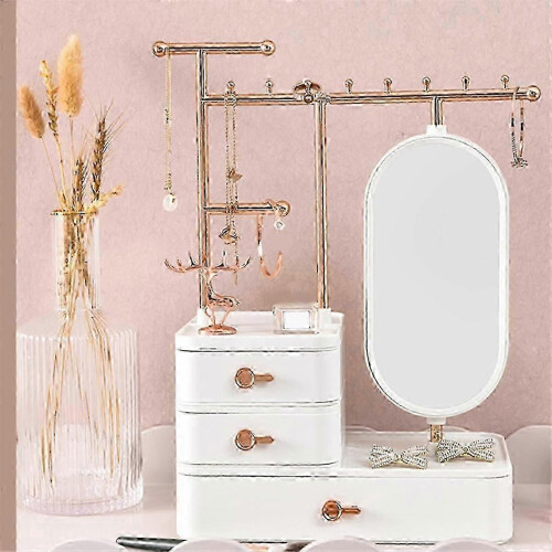 Portagioie con specchio e cassetto, contenitore per orecchini, bracciali, collane e accessori per capelli. 2