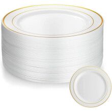 Lot de 50 assiettes réutilisables en plastique blanc de 19 cm avec liseré doré, idéales pour les mariages.