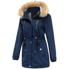 (M, Blue) Women's Cotton Hooded Faux Fur Coat Plus Size Winter Parka For Cold Weather