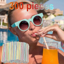 300 Pieces Plastic Drinking Straws 8 Inches Long Multi-colored Striped Bedable