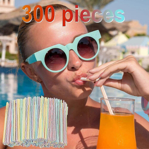 300 Pieces Plastic Drinking Straws 8 Inches Long Multi-colored Striped Bedable