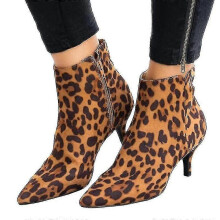 (41, Leopard Print) Womens Zip Up Ankle Booties With Low Kitten Heel And Pointed Toe Design