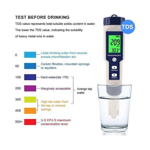 Pool salinity meter, digital salinity meter, high-precision 5-in-1 salinity meter for saltwater, IP67 W 1