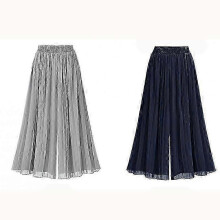 (L, green) Women's Chiffon Wide Leg Pants High Waist Pleated Beach Culottes