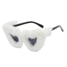(White) Plush Fuzzy Heart-Shaped Sunglasses with Pink Frame and Soft Fur for Women and Girls