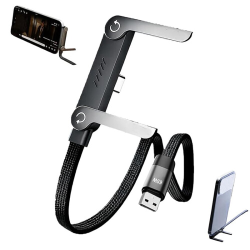 2X Chargeur Dissimulé 65 W avec Support, Câble de Charge Rapide USB Vers USB-C pour Téléphone et Tablette, Support Pliable 2