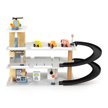 Grote houten garage, parkeerplaats met lift, auto's, helikopter, ECOTOYS carwash