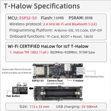 Lilygo T-Halow ESP32-S3 Placa de Desarrollo Ethernet WiFi  con Soporte para Batería 18650 [902-928MHz] 915MHz