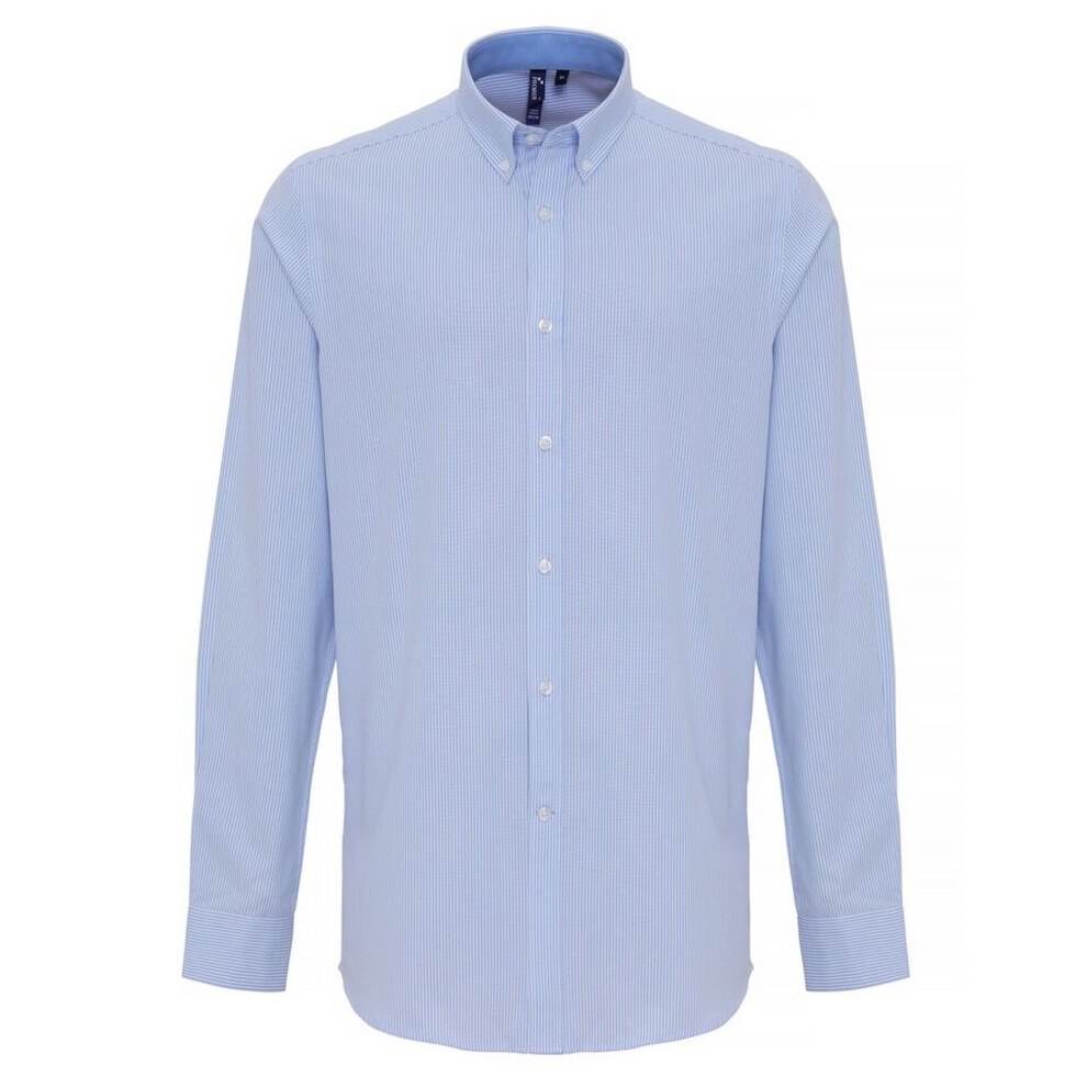 Premier (2Xl, White/Light Blue) Mens Cotton Rich Oxford Stripe Shirt