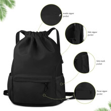 Drawstring Backpack Waterproof Drawstring Backpack Bag Sports Gym Bag with Side Pocket for Women Men Black