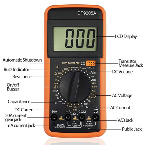 DT9205A Digital Multimeter AC  Voltmeter Ohm Volt Amp Tester Resistance Capacitance Diode HFE Tester, Multimeter 2