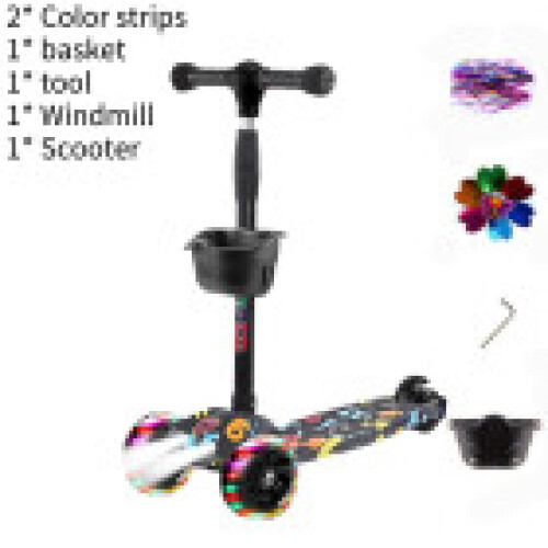 (Black) Adjustable Scooter Kids With Music Function Headlight Three Plastic Wheeled