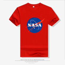 (Tag M=US/UK XS,Red)Camiseta masculina algodão EUA moda chique NASA logotipo retrô aparência vintage espaço anos 80