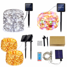 Solar Copper Wire LED String Lights for Outdoor Garden, Waterproof, Warm White, 500 LEDs, 8 Modes
