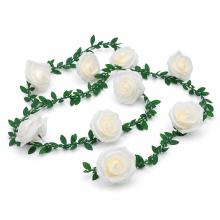 Solar LED Rose Garland with Large White Roses and Green Leaves, 50 Lights, Christmas Decoration