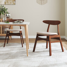 2-Piece Solid Wood Dining Chairs, Beige Upholstered Padded Seat, Curved Backrest Kitchen Side Chairs for Dining Room