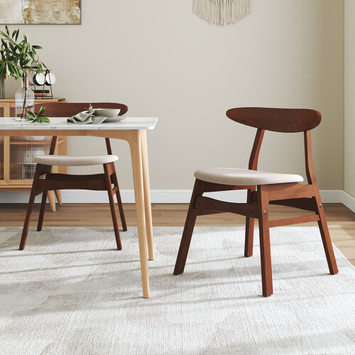 Living And Home 2-Piece Solid Wood Dining Chairs, Beige Upholstered Padded Seat, Curved Backrest Kitchen Side Chairs for Dining Room
