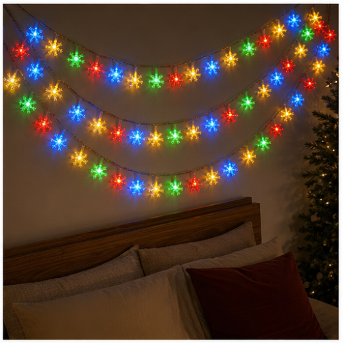 Multicolor Snowflake LED Christmas String Lights, 5 m 50 LEDs, Waterproof Battery Box, 8 Modes with Remote Control 2
