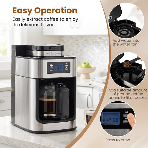 COSTWAY Bean to Cup Filter Coffee Machine with Built-in Grinder | Grind & Brew Drip Coffee Maker, 8 Cup, 24 Hour Programmable Timer 1