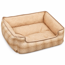 Padded Non-Slip Dog and Cat Bed with Raised Sides, Khaki Plaid