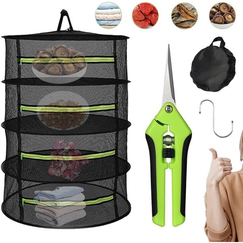 4-Layer Mesh Drying Rack Hanging Design w/ Green Zippers for Dehydrating