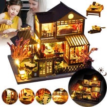DIY Dolls House Japanese Garden House Miniature Wooden Dollhouse Kit w/ LED