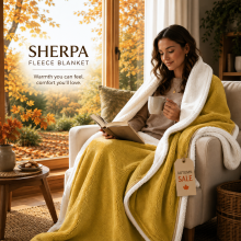(Super King (230x270cm), Ochre) Imperial Rooms 480GSM Reversible Sherpa Fleece Reversible Blanket - Ultra Soft Warm Plush Throw