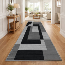 (60x220cm, Scandinavian Black Grey) Short Pile Geometric Rug | Extra Soft Faux Fur Non Slip Rubber Backed Carpet