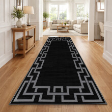 (60x220cm, Greek Key Black) Short Pile Geometric Rug | Extra Soft Faux Fur Non Slip Rubber Backed Carpet
