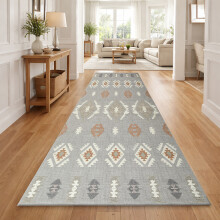 (60x220cm, Tribal Grey) Short Pile Geometric Rug | Extra Soft Faux Fur Non Slip Rubber Backed Carpet