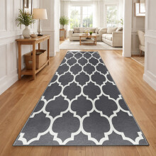 (60x220cm, Moroccan Trellis Grey) Short Pile Geometric Rug | Extra Soft Faux Fur Non Slip Rubber Backed Carpet