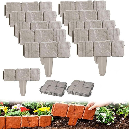 20 Pack Imitation Stone Garden Fence Plastic Retaining Edging Border Grey Cobbled