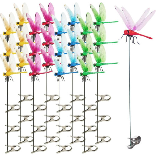 24 Pack 3D Dragon Fly Garden Stakes, Removable Plastic Fake Dragonfly