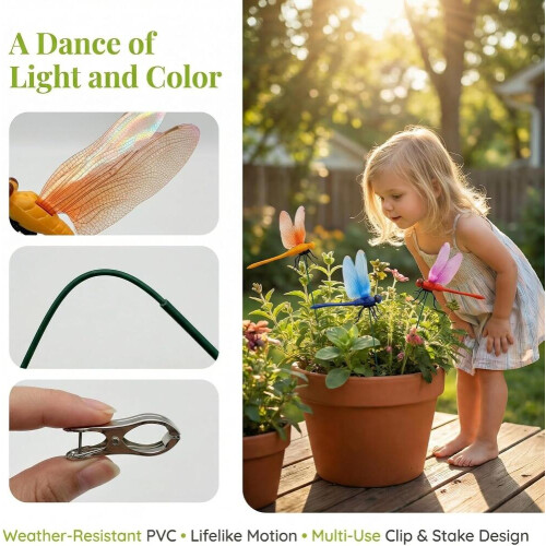 24 Pack 3D Dragon Fly Garden Stakes, Removable Plastic Fake Dragonfly 1