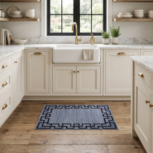 (40X60cm, Greek Key Blue) Short Pile Geometric Rug | Extra Soft Faux Fur Non Slip Rubber Backed Carpet
