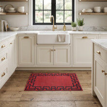 (40X60cm, Greek Key Red) Short Pile Geometric Rug | Extra Soft Faux Fur Non Slip Rubber Backed Carpet