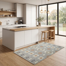 (80x150cm, Tribal Grey) Short Pile Geometric Rug | Extra Soft Faux Fur Non Slip Rubber Backed Carpet