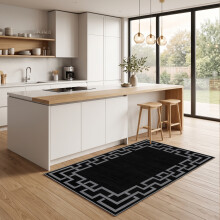 (80x150cm, Greek Key Black) Short Pile Geometric Rug | Extra Soft Faux Fur Non Slip Rubber Backed Carpet