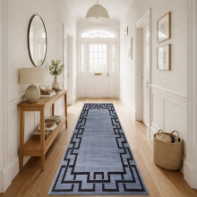 (80x300cm, Greek Key Blue) Short Pile Geometric Rug | Extra Soft Faux Fur Non Slip Rubber Backed Carpet