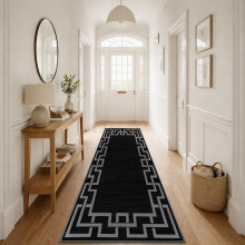 (80x300cm, Greek Key Black) Short Pile Geometric Rug | Extra Soft Faux Fur Non Slip Rubber Backed Carpet