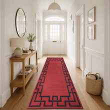(80x300cm, Greek Key Red) Short Pile Geometric Rug | Extra Soft Faux Fur Non Slip Rubber Backed Carpet