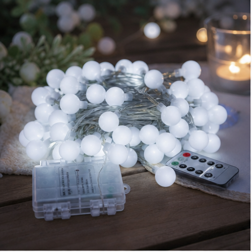 Frosted Globe LED String Lights, Cool White, 80 Waterproof LEDs, Battery Powered, Remote Control, 8 Modes 1
