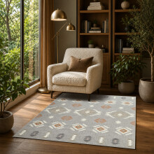 (120x170cm, Tribal Grey) Short Pile Geometric Rug | Extra Soft Faux Fur Non Slip Rubber Backed Carpet