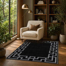 (120x170cm, Greek Key Black) Short Pile Geometric Rug | Extra Soft Faux Fur Non Slip Rubber Backed Carpet
