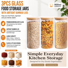 3Pcs Glass Food Storage Jars Airtight Lids 900ml