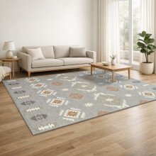 (160x230cm, Tribal Grey) Short Pile Geometric Rug | Extra Soft Faux Fur Non Slip Rubber Backed Carpet
