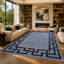 (200x290cm, Greek Key Blue) Short Pile Geometric Rug | Extra Soft Faux Fur Non Slip Rubber Backed Carpet