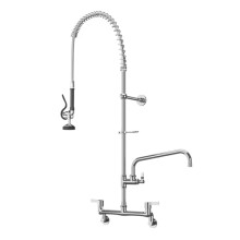 MOOTACO Commercial Kitchen Pre-Rinse Spray Tap,Wall-Mount Double Center Pedestal Pre-Rinse Kitchen Faucet,Flexible Spring Neck,Pull Out Flexible Hose
