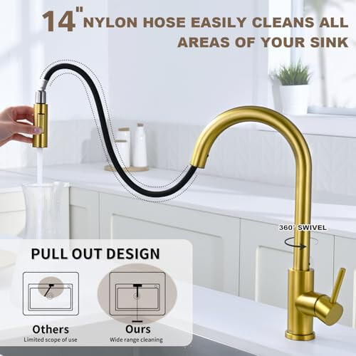 Tohlar Gold Kitchen Tap with Pull Out Sprayer, 2 Modes Spray 1